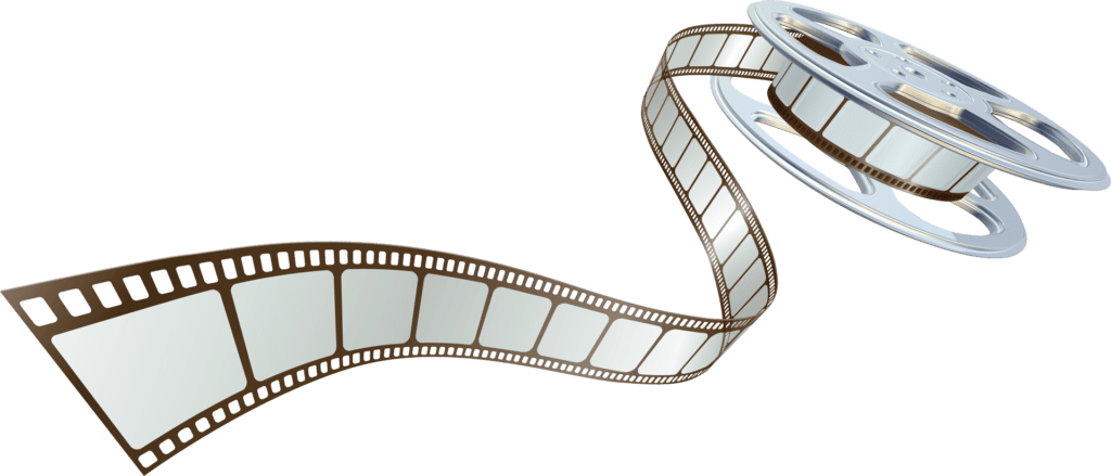 Illustration of a film reel with filmstrip unwinding, set against a plain background.