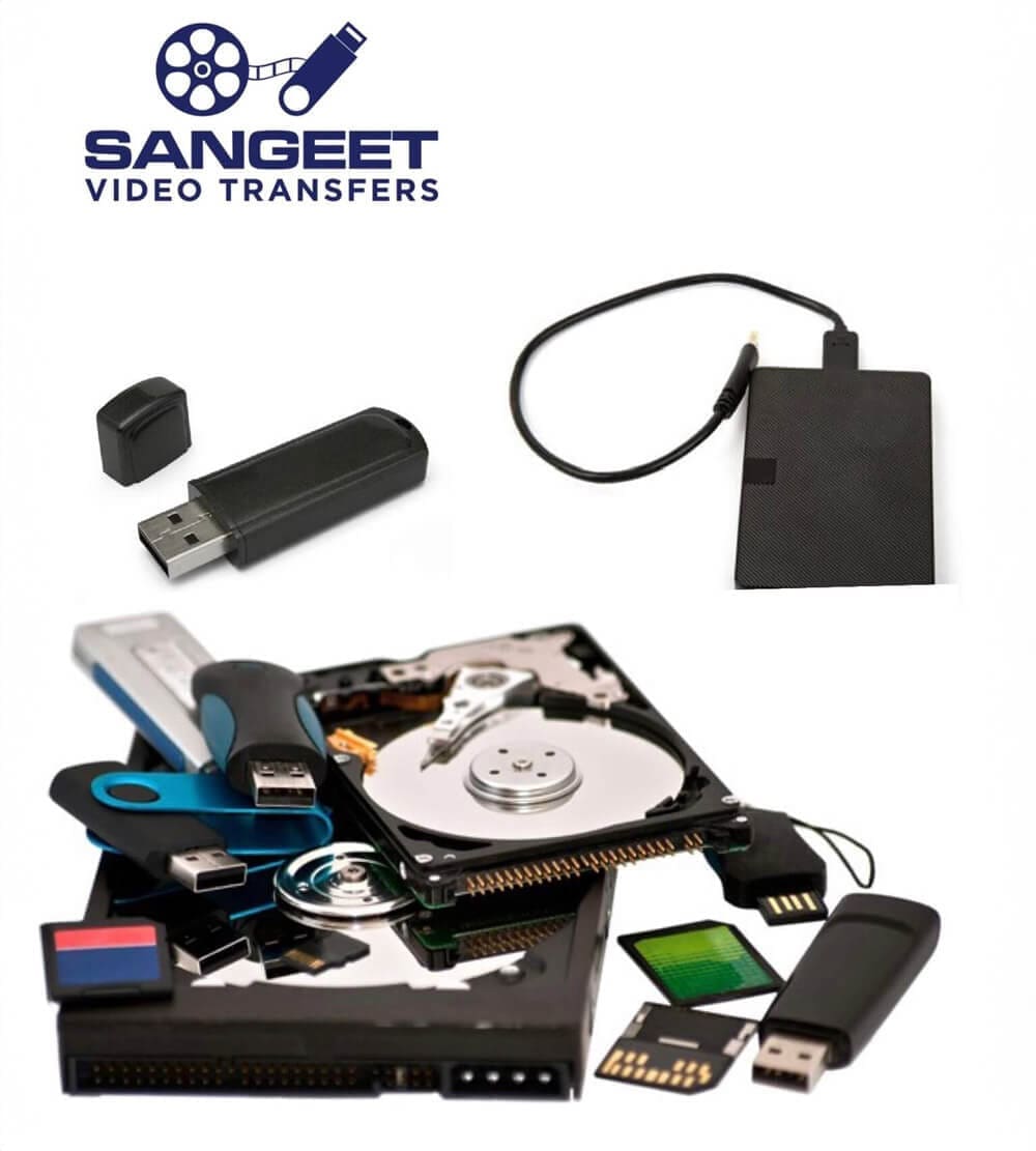 Assorted data storage devices including hard drives, USB drives, and memory cards with the logo "Sangeet Video Transfers" above.