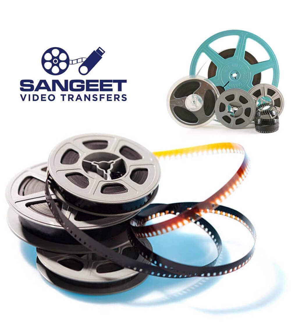 Stacked film reels and loose film strips with "Sangeet Video Transfers" logo in the background.