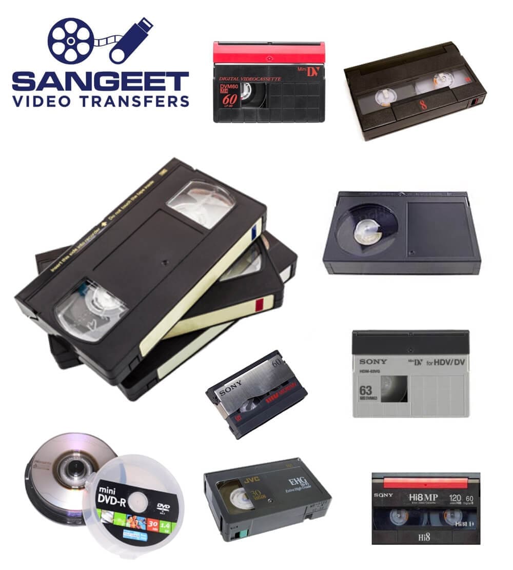 A variety of vintage video tapes and discs, including VHS, mini DV, and Hi8, displayed around a logo reading "Sangeet Video Transfers.