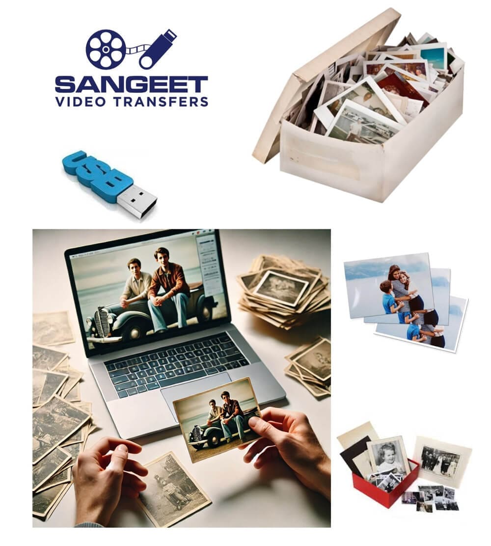 Collage of transferring old photos to digital format with a laptop, USB, and printed images. Logo reads "Sangeet Video Transfers.