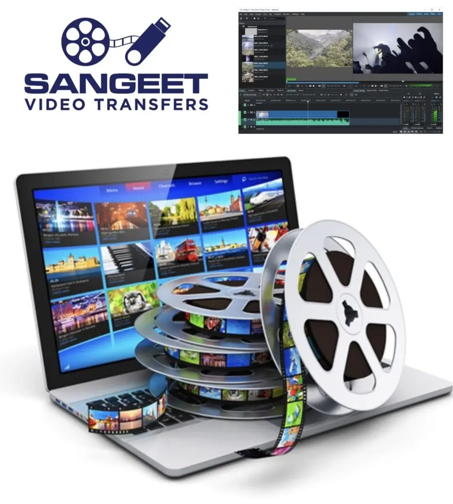 A laptop displaying various video thumbnails with film reels placed on the keyboard. The text reads "Sangeet Video Transfers" with a video editing software interface above.