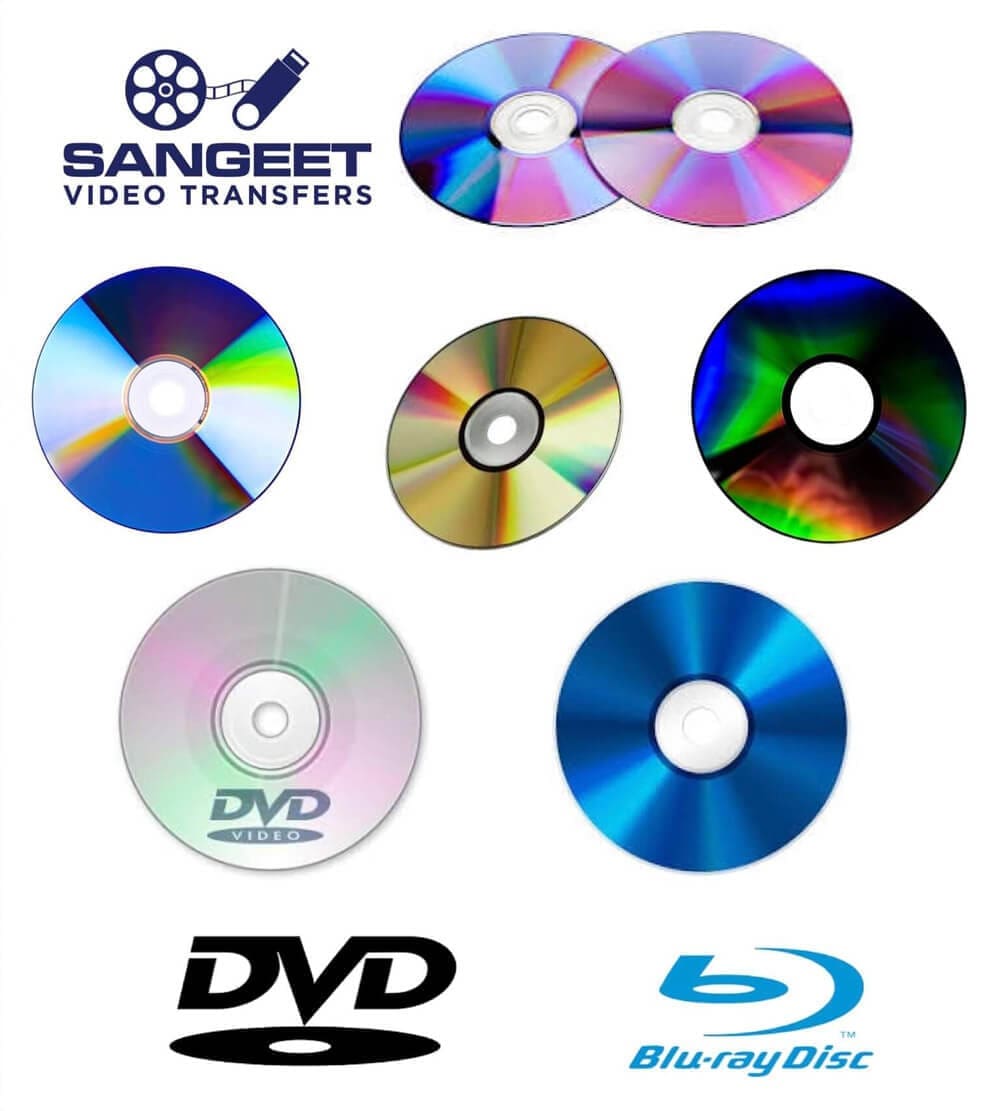 Image displaying various CDs and DVDs with logos of Sangeet Video Transfers, DVD, and Blu-ray Disc.